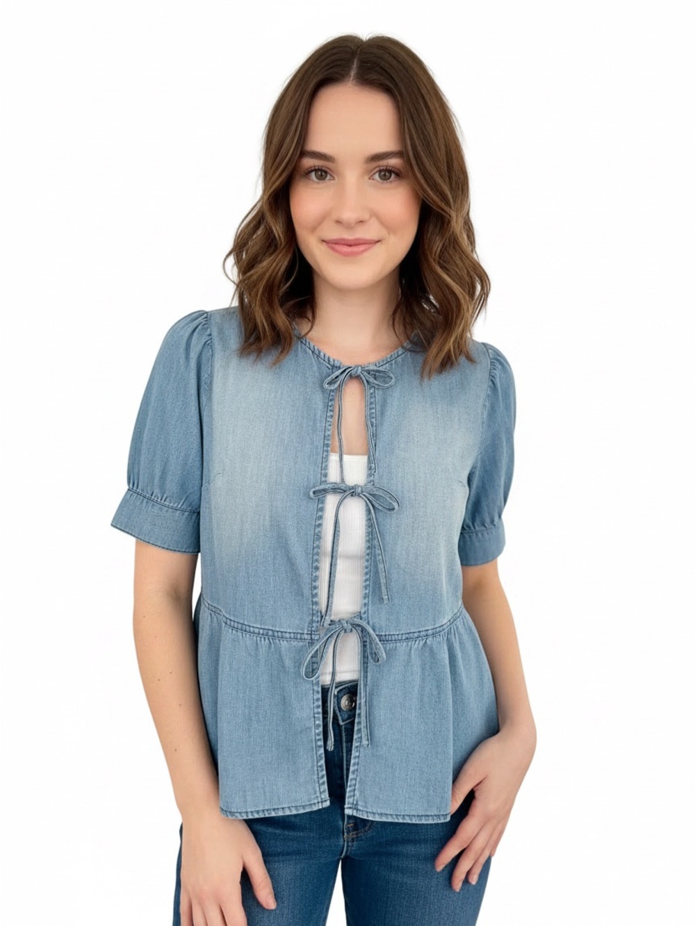 Billy T light wash cotton denim peplum tie front blouse size small NWT